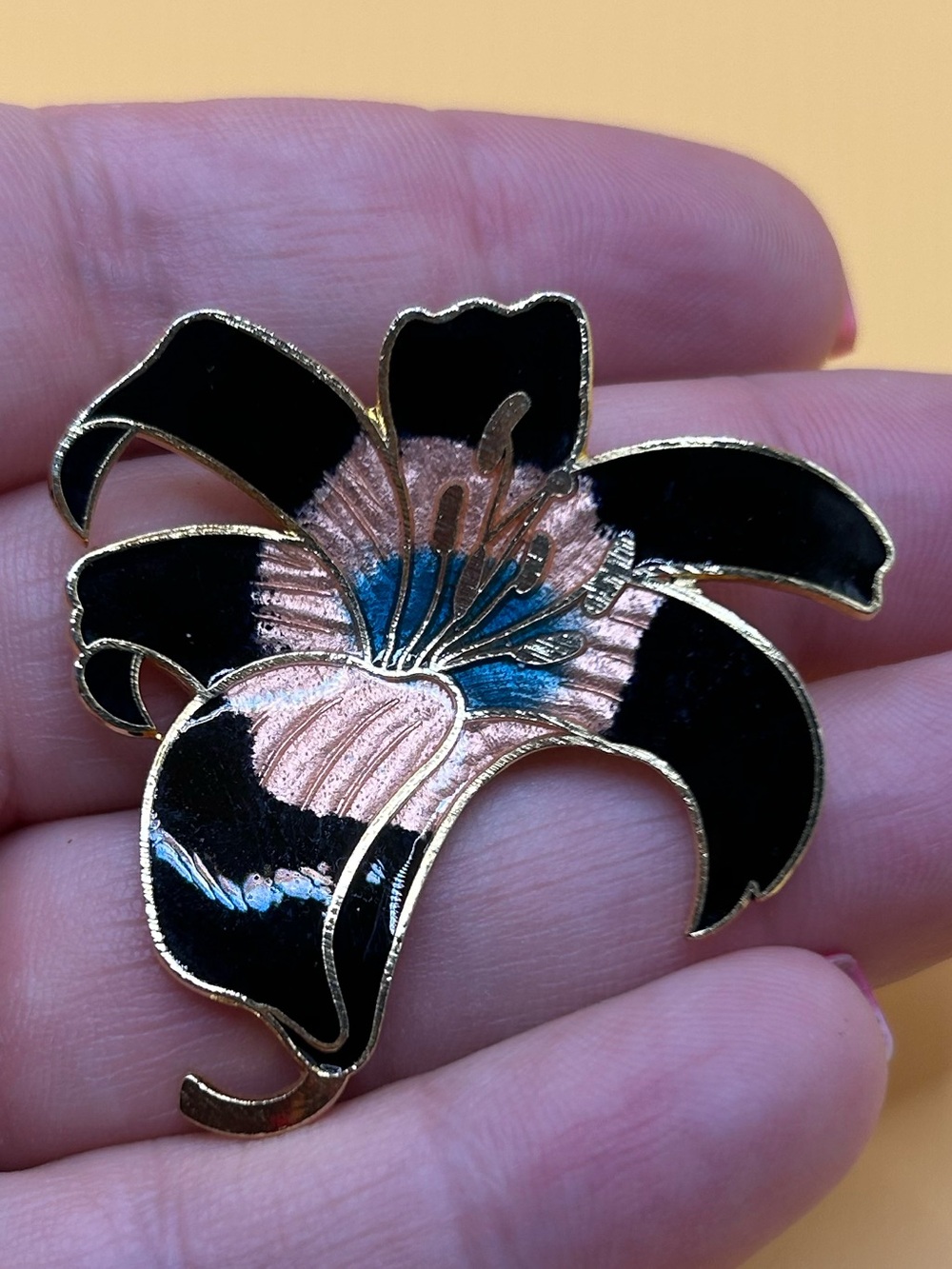 Floral Enamel Brooch in Black and Pink